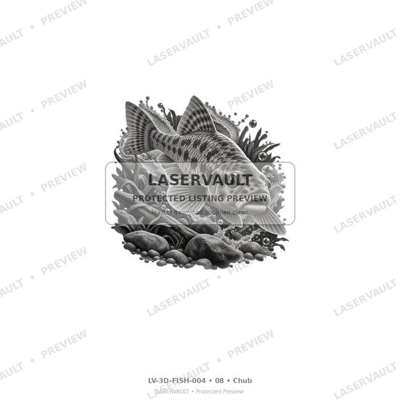 May include: A black and white graphic illustration of a fish swimming among underwater rocks and aquatic plants, featuring bubbles rising to the surface. The image includes the text LASERVAULT PROTECTED LISTING PREVIEW and LV-3D-FISH-004 08 Chub.