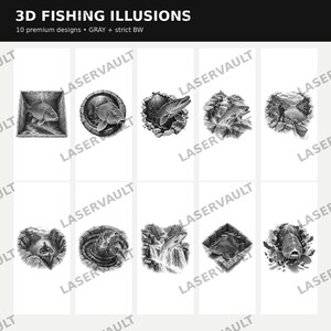Może przedstawiać: Cyfrowa kolekcja zatytułowana 3D FISHING ILLUSIONS zawierająca 10 projekt&oacute;w premium w kolorze szarym oraz czarno-białym. Grafiki przedstawiają r&oacute;żne sceny wędkarskie, w tym ryby wyskakujące z wody, wędkarzy w łodziach oraz ryby w ramkach.