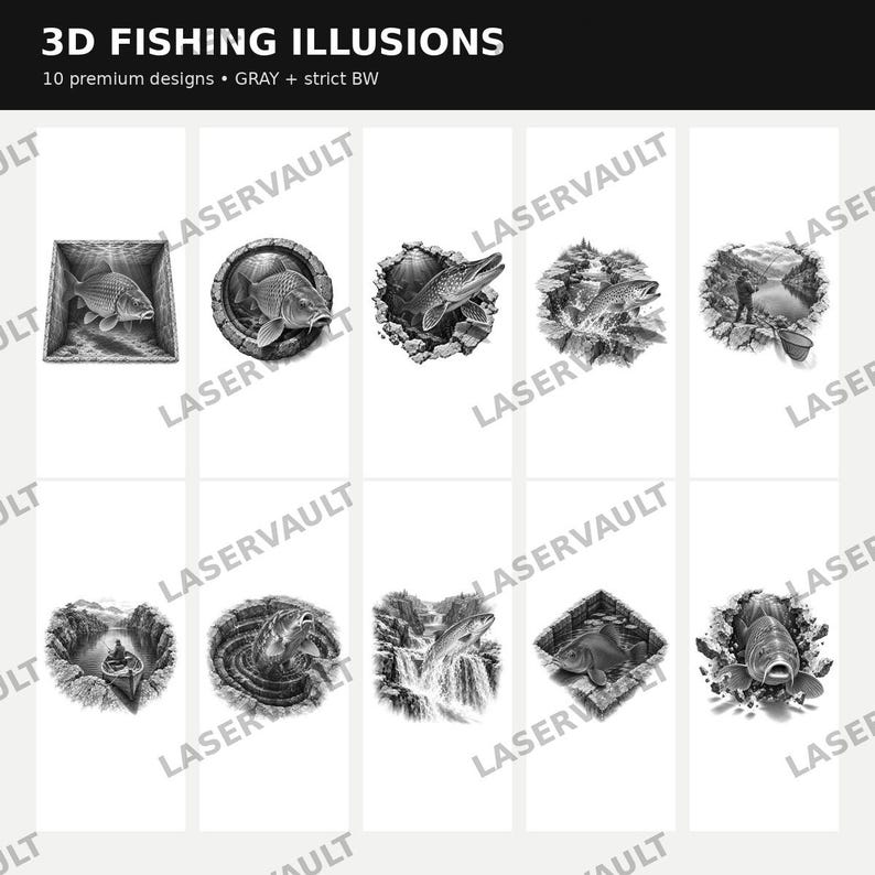 Może przedstawiać: Cyfrowa kolekcja zatytułowana 3D FISHING ILLUSIONS zawierająca 10 projekt&oacute;w premium w kolorze szarym oraz czarno-białym. Grafiki przedstawiają r&oacute;żne sceny wędkarskie, w tym ryby wyskakujące z wody, wędkarzy w łodziach oraz ryby w ramkach.