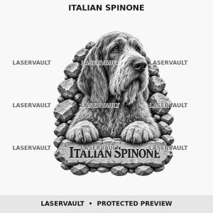 May include: A black and white graphic illustration of an Italian Spinone dog resting its paws on a stone ledge. The text ITALIAN SPINONE is printed on the front stone. The background consists of stacked rocks. The word LASERVAULT appears repeatedly.