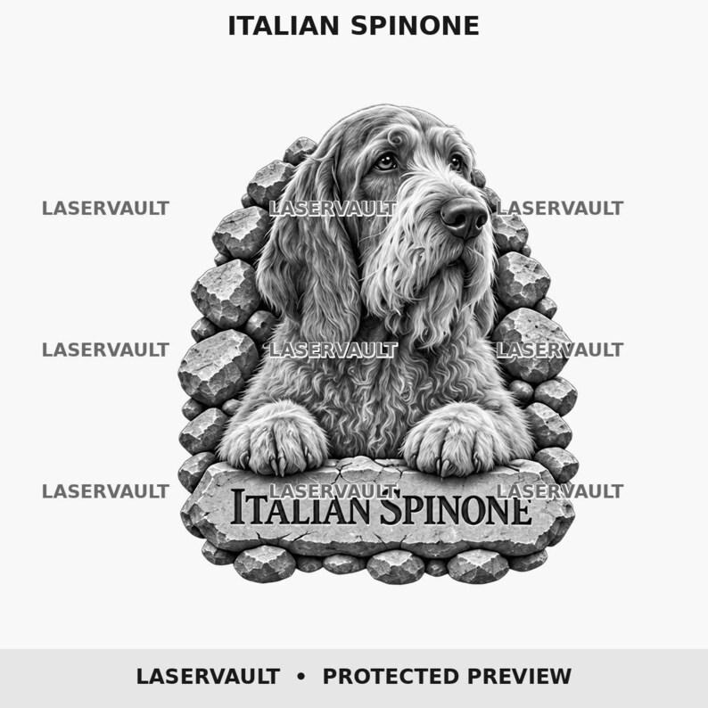 May include: A black and white graphic illustration of an Italian Spinone dog resting its paws on a stone ledge. The text ITALIAN SPINONE is printed on the front stone. The background consists of stacked rocks. The word LASERVAULT appears repeatedly.