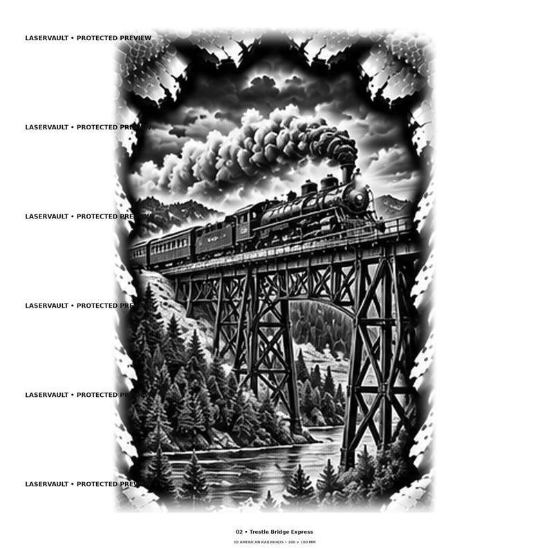 Op de afbeelding: Een zwart-wit illustratie getiteld 02 Trestle Bridge Express met een stoomlocomotief die over een hoge vakwerkbrug rijdt boven een rivier met dennenbomen. De afbeelding bevat de herhaalde tekst LASERVAULT PROTECTED PREVIEW.