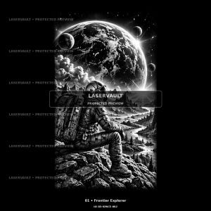 May include: A black and white digital illustration featuring an astronaut in a spacesuit sitting on a rocky cliff, overlooking a vast alien landscape with a large planet and moons in the sky. The text LASERVAULT PROTECTED PREVIEW appears.