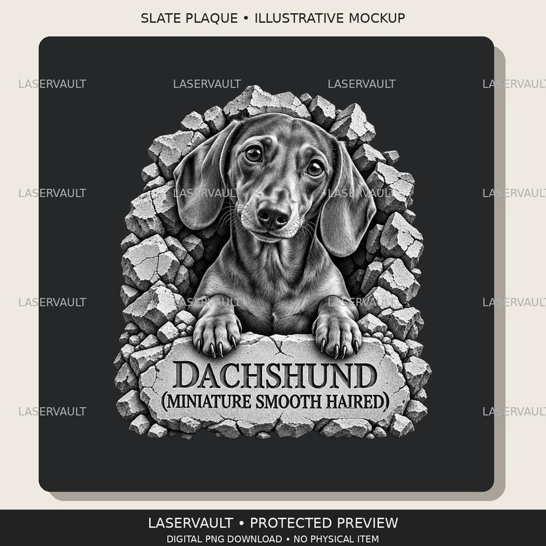 Op de afbeelding: Een zwart-wit grafisch ontwerp met een realistische illustratie van een teckelpuppy die uit een gebarsten stenen muur tevoorschijn komt. De puppy rust zijn poten op een stenen plaquette met het opschrift DACHSHUND (MINIATURE SMOOTH HAIRED).