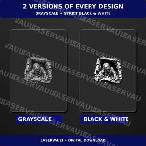 May include: A digital download graphic featuring two versions of a zombie emerging from a brick hole. The left side shows a grayscale version, and the right side shows a strict black and white version. Text reads 2 VERSIONS OF EVERY DESIGN.