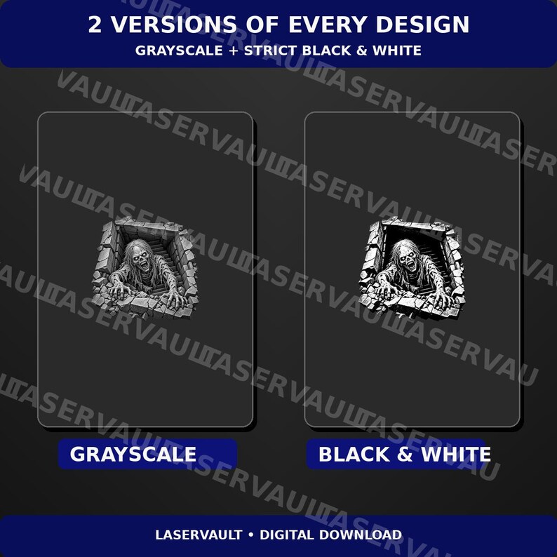 May include: A digital download graphic featuring two versions of a zombie emerging from a brick hole. The left side shows a grayscale version, and the right side shows a strict black and white version. Text reads 2 VERSIONS OF EVERY DESIGN.