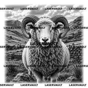 Pu&ograve; includere: Un'illustrazione grafica in bianco e nero di un ariete con grandi corna ricurve, centrato nell'inquadratura. Il testo LASERVAULT &egrave; ripetuto pi&ugrave; volte sull'immagine. L'ariete &egrave; posizionato in un paesaggio con colline, nuvole e muretti a secco.