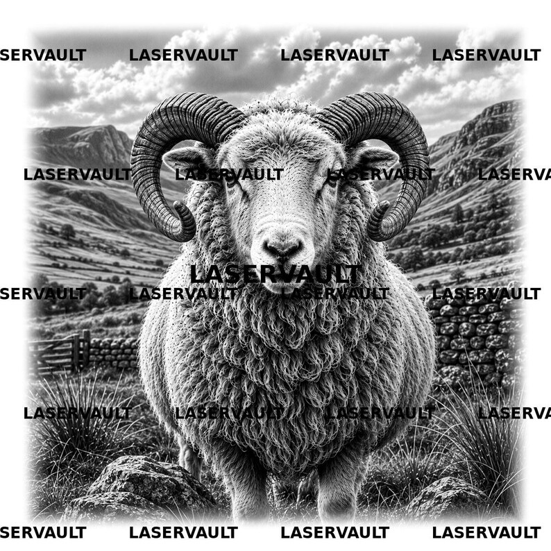 Pu&ograve; includere: Un'illustrazione grafica in bianco e nero di un ariete con grandi corna ricurve, centrato nell'inquadratura. Il testo LASERVAULT &egrave; ripetuto pi&ugrave; volte sull'immagine. L'ariete &egrave; posizionato in un paesaggio con colline, nuvole e muretti a secco.