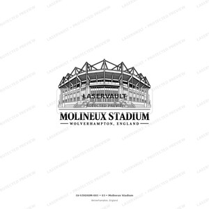 May include: A black and white line art illustration of Molineux Stadium in Wolverhampton, England. The graphic features the stadium structure with detailed roof trusses and seating tiers, with the text Molineux Stadium Wolverhampton, England below.
