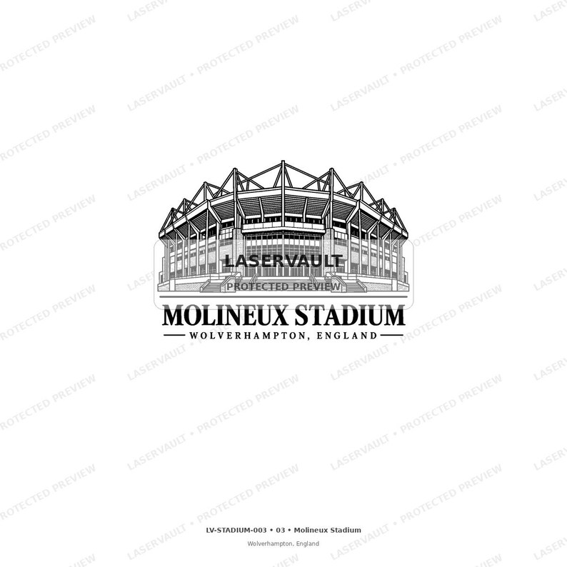 May include: A black and white line art illustration of Molineux Stadium in Wolverhampton, England. The graphic features the stadium structure with detailed roof trusses and seating tiers, with the text Molineux Stadium Wolverhampton, England below.