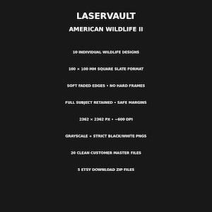 Op de afbeelding: Een zwarte digitale afbeelding met witte tekst: LASERVAULT AMERICAN WILDLIFE II, 10 individuele natuurontwerpen, 100 x 100 mm vierkant leisteenformaat, zacht vervaagde randen, geen harde kaders, volledig onderwerp behouden, 2362 x 2362 px, 600 dpi.