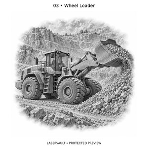May include: A black and white illustration labeled 03 Wheel Loader showing a heavy construction vehicle with a large bucket filled with rocks, operating in a quarry with a rocky cliff background. The image includes the text LASERVAULT PROTECTED PREVIEW.