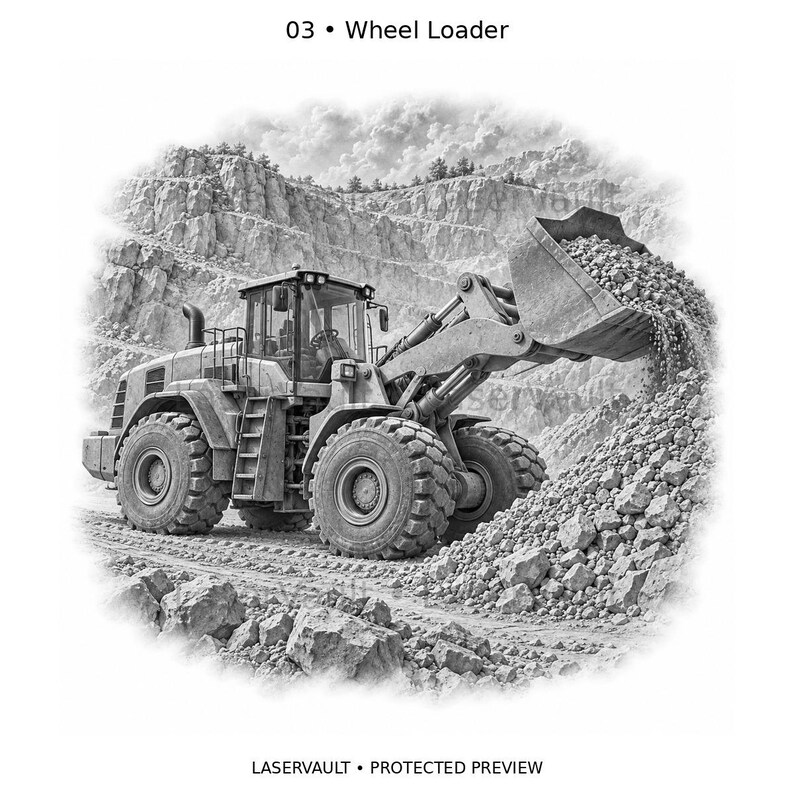 May include: A black and white illustration labeled 03 Wheel Loader showing a heavy construction vehicle with a large bucket filled with rocks, operating in a quarry with a rocky cliff background. The image includes the text LASERVAULT PROTECTED PREVIEW.