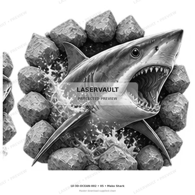 Op de afbeelding: Een zwart-wit grafische illustratie van een haai die uit een cirkelvormige opening komt, omringd door grillige rotsen. De haai heeft een open bek met zichtbare tanden en is omringd door opspattend water. De tekst LASERVAULT is gecentreerd.