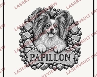 May include: A black and white digital illustration of a Papillon dog peeking through a circular opening in a stone wall. The dog has long, feathered ears and a happy expression. Below the dog, a stone plaque features the text PAPILLON.
