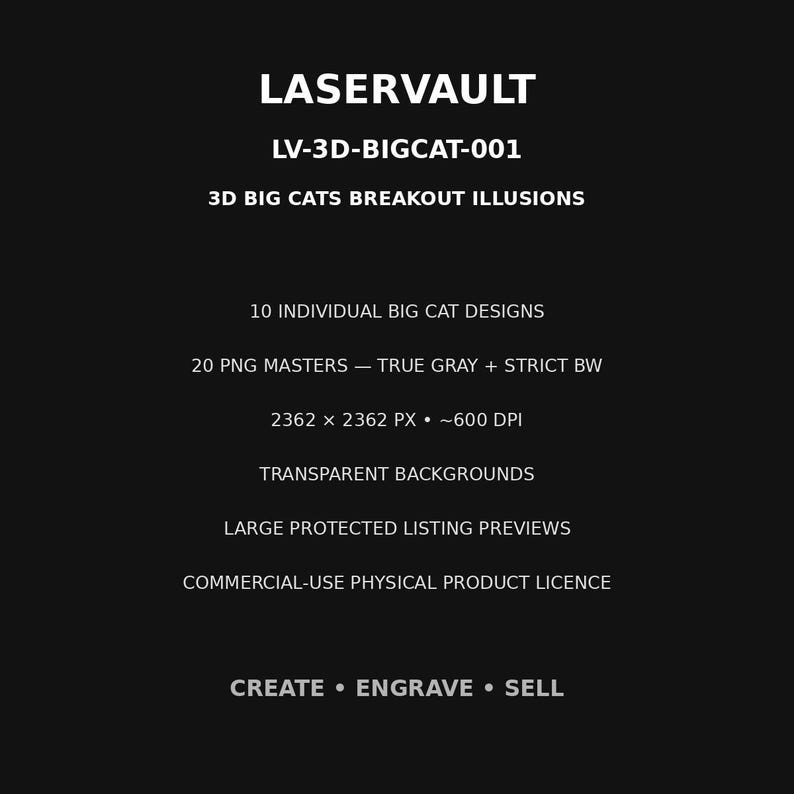 May include: A black digital graphic file listing titled LASERVAULT LV-3D-BIGCAT-001 3D BIG CATS BREAKOUT ILLUSIONS. It includes 10 big cat designs, 20 PNG masters in true grey and strict black and white, 2362 x 2362 px, 600 DPI, and transparent backgrounds.
