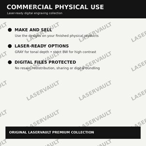 May include: A digital information graphic titled COMMERCIAL PHYSICAL USE with the subtitle Laser-ready digital engraving collection. It lists three points: MAKE AND SELL, LASER-READY OPTIONS, and DIGITAL FILES PROTECTED with specific usage terms.