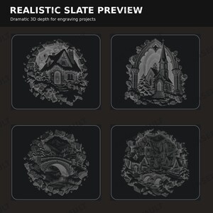 Op de afbeelding: Een digitaal display met de titel REALISTIC SLATE PREVIEW en de ondertitel Dramatic 3D depth for engraving projects. Het bevat vier afzonderlijke grijstinten illustraties van architecturale sc&egrave;nes, waaronder een huisje, een kerk, een brug en een dorp.