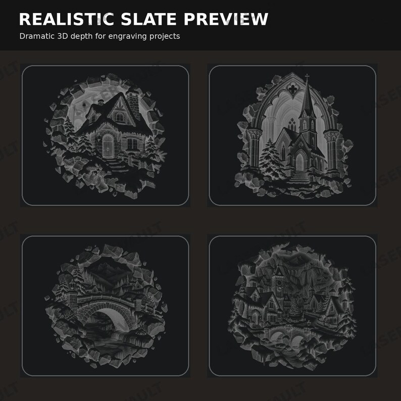 Op de afbeelding: Een digitaal display met de titel REALISTIC SLATE PREVIEW en de ondertitel Dramatic 3D depth for engraving projects. Het bevat vier afzonderlijke grijstinten illustraties van architecturale sc&egrave;nes, waaronder een huisje, een kerk, een brug en een dorp.