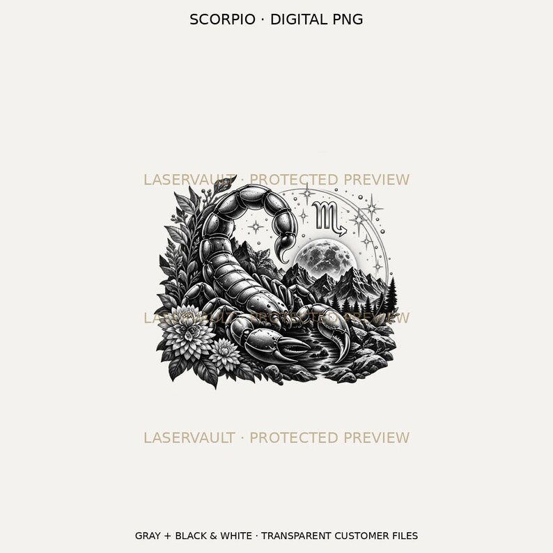 Puede incluir: Una ilustraci&oacute;n digital en blanco y negro de un escorpi&oacute;n centrado entre flores, monta&ntilde;as y una luna. El texto SCORPIO DIGITAL PNG aparece en la parte superior, con LASERVAULT PROTECTED PREVIEW y GRAY + BLACK & WHITE TRANSPARENT CUSTOMER FILES.