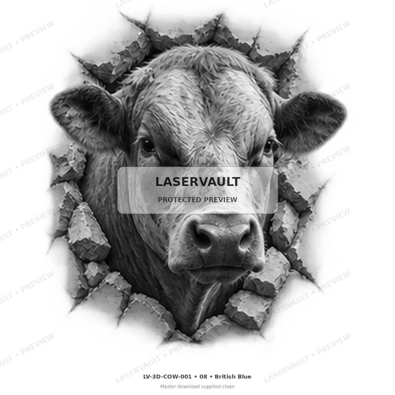May include: A black and white graphic illustration of a cow head appearing to break through a wall. The cow is centered, facing forward with detailed facial features. The text LASERVAULT PROTECTED PREVIEW is overlaid in the center of the image.
