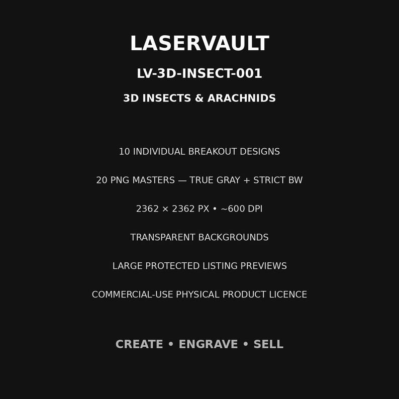 May include: A black digital product listing for LASERVAULT LV-3D-INSECT-001 3D INSECTS & ARACHNIDS featuring 10 individual breakout designs, 20 PNG masters in true gray and strict black and white, 2362 x 2362 px at 600 DPI, transparent backgrounds, and a commercial-use licence.