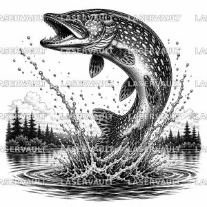 Puede incluir: Una ilustraci&oacute;n en blanco y negro de un lucio saltando fuera del agua, creando una gran salpicadura. El pez tiene un patr&oacute;n moteado y la boca abierta con dientes visibles. El fondo muestra un bosque de pinos y nubes en el cielo.