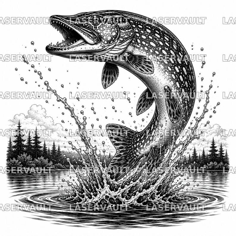 Puede incluir: Una ilustraci&oacute;n en blanco y negro de un lucio saltando fuera del agua, creando una gran salpicadura. El pez tiene un patr&oacute;n moteado y la boca abierta con dientes visibles. El fondo muestra un bosque de pinos y nubes en el cielo.
