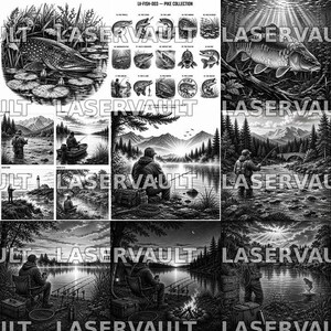 Puede incluir: Una colecci&oacute;n de ilustraciones digitales en blanco y negro que muestran varias escenas de pesca, incluyendo lucios saltando, pescadores en lagos, paisajes monta&ntilde;osos y una cuadr&iacute;cula de peque&ntilde;os iconos de peces con el texto LASERVAULT y LF-FISH-003-PIKE COLLECTION.