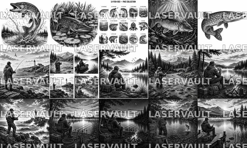 Puede incluir: Una colecci&oacute;n de ilustraciones digitales en blanco y negro que muestran varias escenas de pesca, incluyendo lucios saltando, pescadores en lagos, paisajes monta&ntilde;osos y una cuadr&iacute;cula de peque&ntilde;os iconos de peces con el texto LASERVAULT y LF-FISH-003-PIKE COLLECTION.