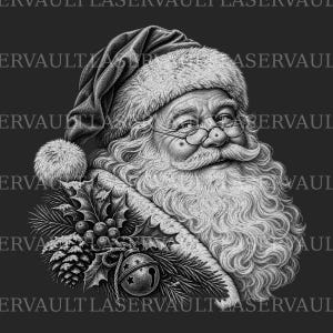Puede incluir: Una ilustración en blanco y negro de Santa Claus con un gorro con borde de piel y gafas redondas. Tiene una barba larga y espesa y bigote. Debajo de su barbilla hay hojas de acebo, bayas, una piña y un cascabel. El texto LASERVAULT se repite.