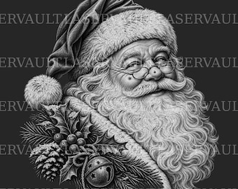 Op de afbeelding: Een zwart-wit illustratie van de Kerstman met een muts met bontrand en een ronde bril. Hij heeft een lange, dikke baard en snor. Onder zijn kin bevinden zich hulstbladeren, bessen, een dennenappel en een belletje. De tekst LASERVAULT herhaalt zich.