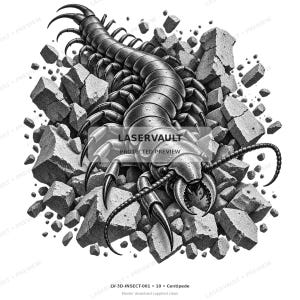 May include: A black and white illustration of a centipede crawling over broken stone fragments. The centipede has a segmented body, numerous legs with sharp points, and long antennae. The text LASERVAULT PROTECTED PREVIEW is visible.