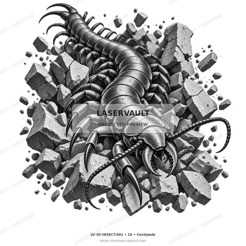 May include: A black and white illustration of a centipede crawling over broken stone fragments. The centipede has a segmented body, numerous legs with sharp points, and long antennae. The text LASERVAULT PROTECTED PREVIEW is visible.