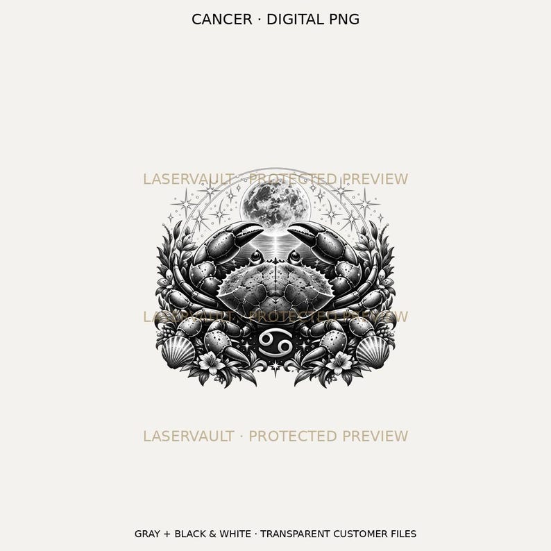 Puede incluir: Un gr&aacute;fico digital en blanco y negro que muestra un cangrejo bajo una luna y estrellas. El dise&ntilde;o incluye el s&iacute;mbolo del zodiaco C&aacute;ncer, conchas y elementos florales. El texto dice CANCER DIGITAL PNG y LASERVAULT PROTECTED PREVIEW.