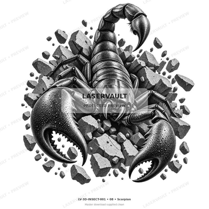 May include: A black and white illustration of a scorpion with large pincers and a curved tail, emerging from a cluster of broken stone fragments. The image includes the text LASERVAULT PROTECTED PREVIEW and LV-3D-INSECT-001 08 Scorpion.