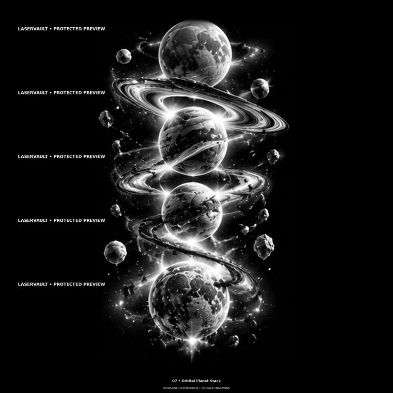 May include: A black and white graphic illustration featuring a vertical stack of four detailed planets surrounded by rings and orbiting asteroids. The text LASERVAULT PROTECTED PREVIEW appears repeatedly on the left, with 07 ORBITAL PLANET STACK at the bottom.