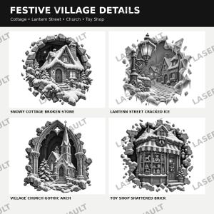 Op de afbeelding: Een verzameling van vier zwart-wit digitale illustraties getiteld FESTIVE VILLAGE DETAILS, met een besneeuwd huisje in gebroken steen, een lantaarnstraat, een dorpskerk met gotische boog en een speelgoedwinkel in verbrijzelde baksteen.