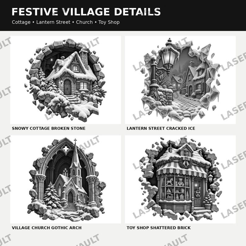 Op de afbeelding: Een verzameling van vier zwart-wit digitale illustraties getiteld FESTIVE VILLAGE DETAILS, met een besneeuwd huisje in gebroken steen, een lantaarnstraat, een dorpskerk met gotische boog en een speelgoedwinkel in verbrijzelde baksteen.