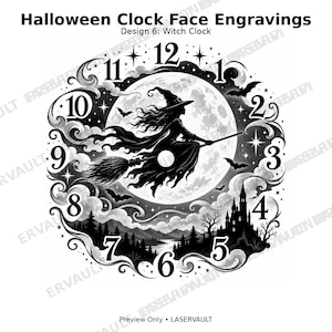 Puede incluir: Un diseño de esfera de reloj en blanco y negro titulado Halloween Clock Face Engravings Design 6: Witch Clock. Presenta la silueta central de una bruja en una escoba frente a una luna llena, rodeada de murciélagos, nubes, un castillo y números del 1 al 12.