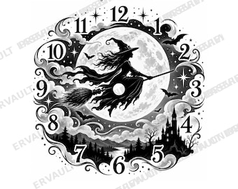 Op de afbeelding: Een zwart-wit klokontwerp getiteld Halloween Clock Face Engravings Design 6: Witch Clock. Het toont een centraal silhouet van een heks op een bezemsteel voor een volle maan, omringd door vleermuizen, wolken, een kasteel en de cijfers 1 tot en met 12.