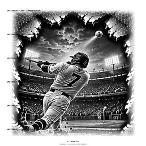 May include: A black and white digital illustration of a baseball player wearing a jersey with the number 7, swinging a bat at a stadium under bright floodlights. The text LASERVAULT PROTECTED PREVIEW appears repeatedly, with 07 HOME RUN at the bottom.