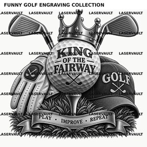 以下が含まれることがあります： FUNNY GOLF ENGRAVING COLLECTIONと題された白黒のグラフィックデザイン。王冠を被ったゴルフボール、交差した2本のゴルフクラブ、ゴルフグローブ、キャップが描かれています。バナーにはKING OF THE FAIRWAY、PLAY IMPROVE REPEATという文字があります。