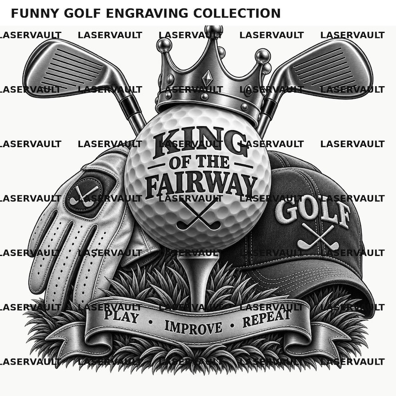 以下が含まれることがあります： FUNNY GOLF ENGRAVING COLLECTIONと題された白黒のグラフィックデザイン。王冠を被ったゴルフボール、交差した2本のゴルフクラブ、ゴルフグローブ、キャップが描かれています。バナーにはKING OF THE FAIRWAY、PLAY IMPROVE REPEATという文字があります。