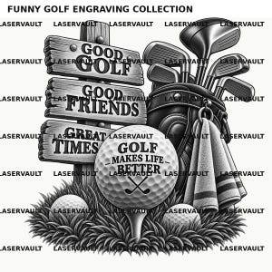以下が含まれることがあります： GOOD GOLF GOOD FRIENDS GREAT TIMESと書かれた木製の看板、クラブとタオルが入ったゴルフバッグ、GOLF MAKES LIFE BETTERと書かれたティーに乗ったゴルフボールが描かれた、草の中に配置された白黒のグラフィック。