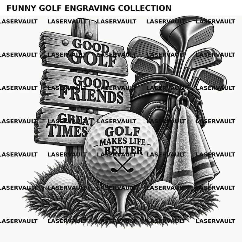 以下が含まれることがあります： GOOD GOLF GOOD FRIENDS GREAT TIMESと書かれた木製の看板、クラブとタオルが入ったゴルフバッグ、GOLF MAKES LIFE BETTERと書かれたティーに乗ったゴルフボールが描かれた、草の中に配置された白黒のグラフィック。