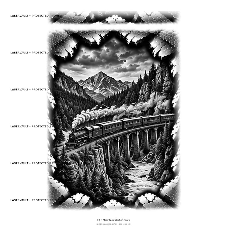 Op de afbeelding: Een zwart-wit grafische illustratie van een stoomtrein die een hoog bergviaduct oversteekt. De sc&egrave;ne bevat een rivier beneden, dichte dennenbossen en een grote bergtop onder een bewolkte lucht. Tekst luidt: LASERVAULT PROTECTED PREVIEW.
