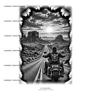 May include: A black and white digital illustration featuring a motorcyclist riding towards a desert landscape with mesas under a cloudy sky and sun. The rider wears a vest with a skull emblem. Text reads LASERVAULT PROTECTED PREVIEW and 03 Open Road Rider.