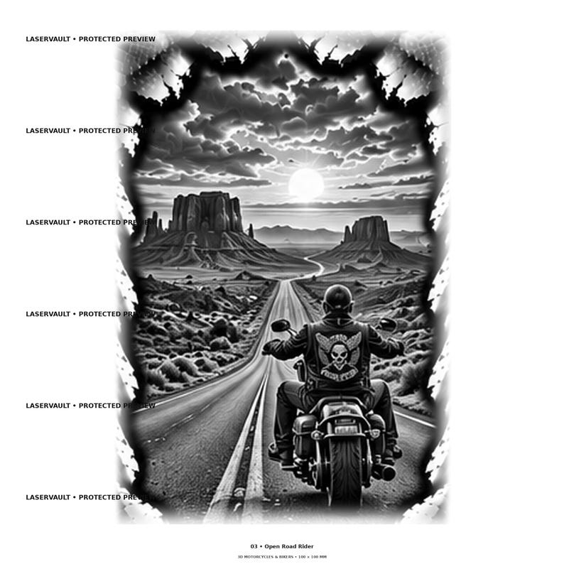 May include: A black and white digital illustration featuring a motorcyclist riding towards a desert landscape with mesas under a cloudy sky and sun. The rider wears a vest with a skull emblem. Text reads LASERVAULT PROTECTED PREVIEW and 03 Open Road Rider.
