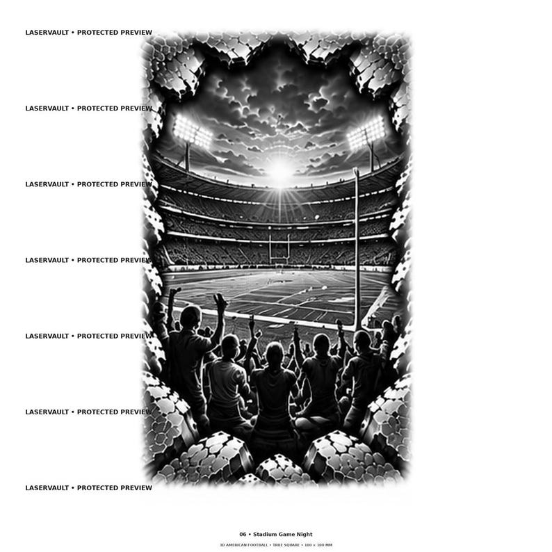 May include: A black and white graphic illustration depicting a football stadium at night, viewed from behind a crowd of spectators. The scene is framed by a jagged, stone-like border. The text LASERVAULT PROTECTED PREVIEW appears repeatedly.